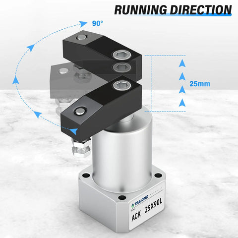Left Turn Rotary Pneumatic Cylinder, 20mm Bore, 90 Degree Turn, Aluminum Alloy Body with M5 Port, ACK25 90L, showing rotation