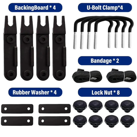 Universal Roof Rack U Bolt Clamps And Stainless Steel U Brackets Installation Kit for Cars And Trucks, includes 4 U-bolts, 8 lock nuts, 2 straps