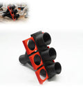 Upgrade Your Shop Vibe With This Badass 3 Port Dust Collection Y Splitter Featuring Precision Blast Gates For Ultimate Airflow Control. Black and red plastic Y splitter with three ports and 2.25 inch adapters.