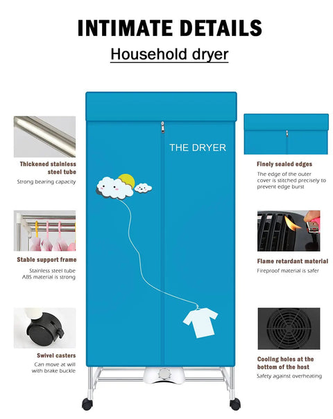 Portable Clothes Dryer 110V 1000W Electric Dryer With Double Layer Stackable Stainless Steel Design, front view with details