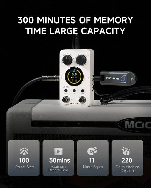 All In One Drum Looper And Guitar Pedal With Hundred Memory Slots And Three Hundred Minutes Of Total Recording Time shown on amp