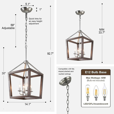 Oak Wood Farmhouse Lantern Pendant Light With Silver Metal Finish, open geometric frame, adjustable height feature shown.