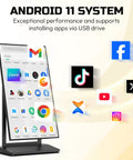 Top Notch 37 Inch Black Digital Signage Display Packing Crisp Fhd Graphics And Android 11 showing app interface with icons.