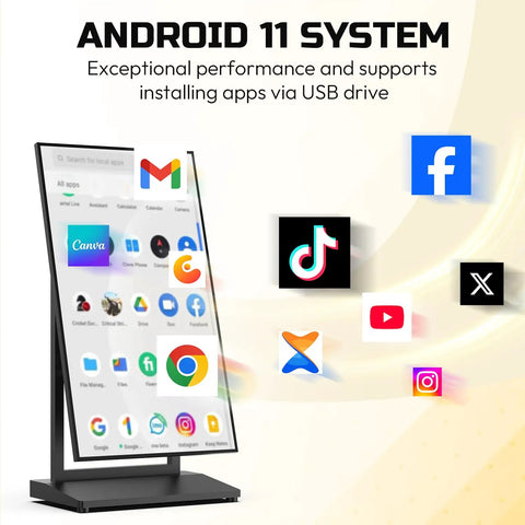 Top Notch 37 Inch Black Digital Signage Display Packing Crisp Fhd Graphics And Android 11 showing app interface with icons.