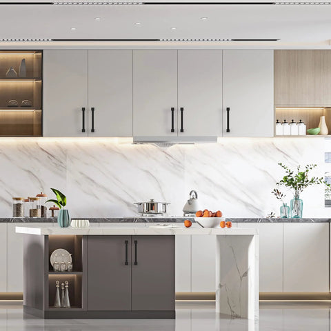 Modern kitchen with 10 Pack 5-Inch Matte Black Cabinet Pulls for Cabinets and Cupboards on gray and white cabinetry.