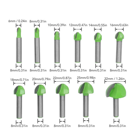 Jiawu Premium Round Nose Router Bit Kit Bricks For Heavy Duty Woodworking Projects With Durable Cemented Carbide Blades, 11 pieces of various sizes