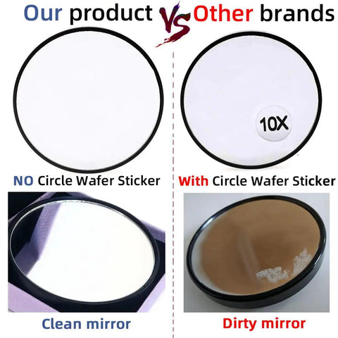 Comparison of 10X Magnifying Makeup Mirror With Stainless Steel Tweezers, showing clean vs dirty mirror with sticker