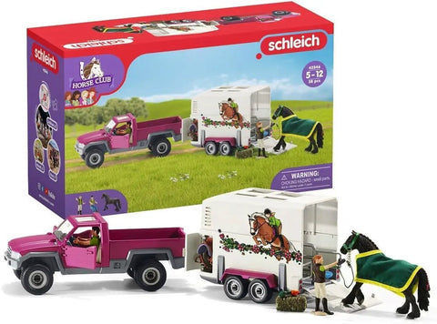 38 Piece Trailer And Truck Transporter Playset With Realistic Horse And Rider Figures Saddle Bridle Hay Bales And Accessories