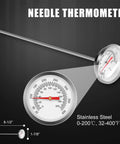 Needle Thermometer with stainless steel probe, 0-200°C, 32-400°F, ideal for accurate temperature measurement.