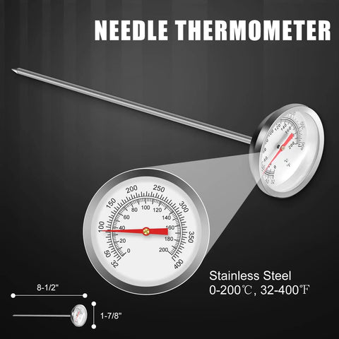 Needle Thermometer with stainless steel probe, 0-200°C, 32-400°F, ideal for accurate temperature measurement.
