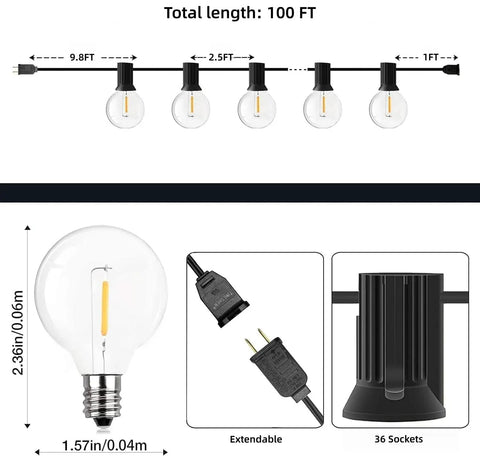 100 Ft G40 LED Outdoor String Lights With Shatterproof Bulbs, Waterproof Dimmable And Connectable Patio Lights Diagram