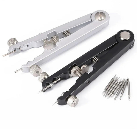Six Piece Watch Repair Kit With Spring Bar Pliers And Pin Remover Pro Grade Watchmaker Tools in silver and black with pins