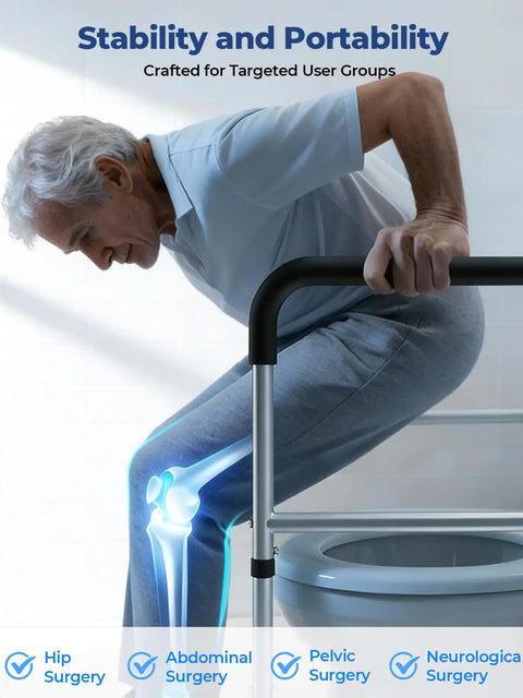 Rock Solid Adjustable Toilet Safety Rails, Foldable Assist Frame That Packs A Punch for Seniors and Bariatric Users, senior user adjusting position.