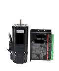 Servo motor with CL57-BK driver module; black motor with exposed shaft and green terminal block (front view).
