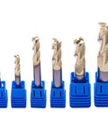Solid Carbide End Mill Set For Aluminum, 6 Pc ZRN Coated, Beast Mode 3 Flute, 37 Degree Helix, HRC55, side view in blue holders