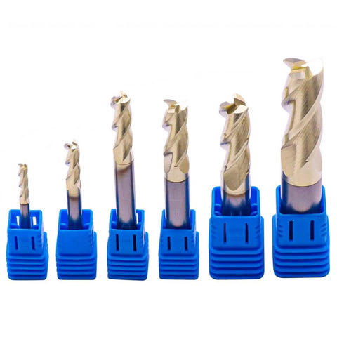 Solid Carbide End Mill Set For Aluminum, 6 Pc ZRN Coated, Beast Mode 3 Flute, 37 Degree Helix, HRC55, side view in blue holders