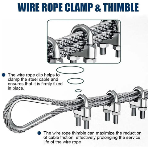 Close-up of wire rope clamp and thimble with Heavy Duty Fifty Foot Three Sixteenth Inch Stainless Steel Wire Rope Kit for securing cables