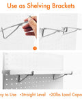 Heavy Duty Pegboard Hooks Kit Ten Pack Eight Inch Silver Pegboard Brackets installed on white pegboard for shelving