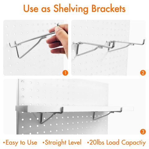 Heavy Duty Pegboard Hooks Kit Ten Pack Eight Inch Silver Pegboard Brackets installed on white pegboard for shelving