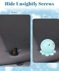 Before and after showing Set Of Two Blue Ceramic Octopus Toilet Bolt Covers Decorative Floor Screw Caps, covering rusty screws.