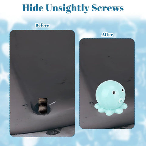 Before and after showing Set Of Two Blue Ceramic Octopus Toilet Bolt Covers Decorative Floor Screw Caps, covering rusty screws.