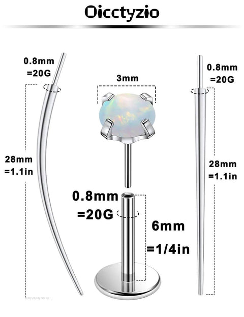 Titanium F136 Medical Grade 20G Threadless Flat Back Opal Stud Earrings Set For Women 6mm Bar With 3mm Gem Includes Taper Insertion Tools