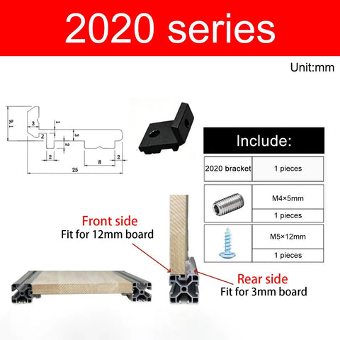 Diagram of Heavy Duty Aluminum Alloy Mounting Bracket Set 15 Pieces 2020 Series European Standard Extrusion with measurements