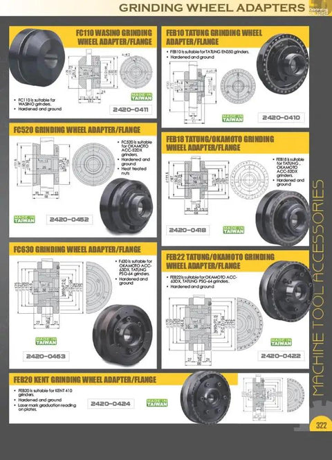 Catalog page showing various grinding wheel adapters, including F450 Grinding Wheel Adapter For US Standard Cylindrical Grinders.