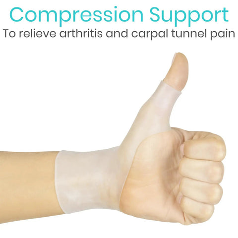 Gel Thumb And Wrist Support Brace For Pain Relief And Swelling Waterproof Cool Wrap on thumb showing compression support