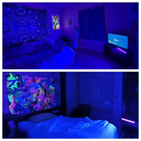 Rooms lit with 30W Black Light Bar with 30 LEDs for body paint parties and Halloween decor, showing vivid neon art.