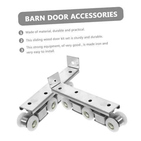 Premium Heavy Duty Barn Door Slider Track Wheel Kit With Smooth Silent Rolling Bearings For Quick Hassle Free Setup and Top Shelf Pantry Bedroom Closet Hardware, showing durable iron rollers.