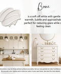 All In One Cabinet And Furniture Paint In Bone Off White Gallon With Built In Primer And Top Coat No Sanding Needed Velvet Sheen Finish For Interior And Exterior Includes 30 Featured Color Card For Easy Color Preview displayed in kitchen and bathroom settings with color sample