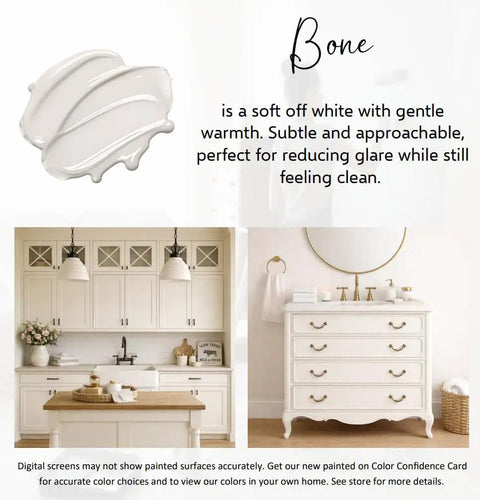 All In One Cabinet And Furniture Paint In Bone Off White Gallon With Built In Primer And Top Coat No Sanding Needed Velvet Sheen Finish For Interior And Exterior Includes 30 Featured Color Card For Easy Color Preview displayed in kitchen and bathroom settings with color sample