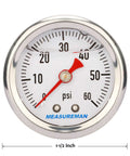 Front view of MeasureMan 1.5-inch stainless steel dial pressure gauge, white face, 0-60 psi, red needle.