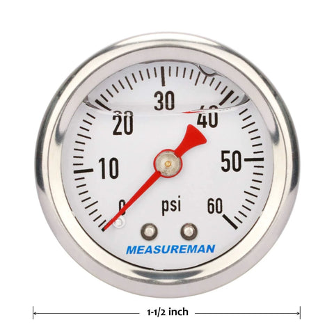 Front view of MeasureMan 1.5-inch stainless steel dial pressure gauge, white face, 0-60 psi, red needle.