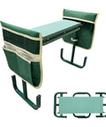 Adjustable Garden Kneeler And Seat With Foldable Frame Wide Kneeling Pad And Two Tool Pouches Five Height Settings From 15.7 To 20.5 Inches Heavy Duty Gardening Stool For Comfort No Sweat Versatility And Easy Yard Work shown in front angle with green padding and metal frame.