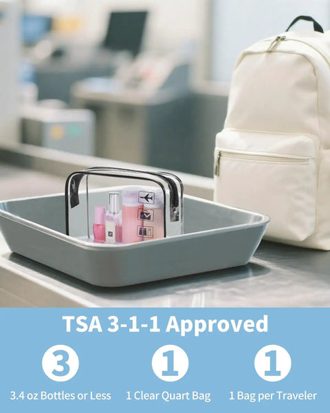 Clear Travel Toiletry Bag Set For Grab And Go TSA 3 1 1 Quart Size with zipper pouches in security tray at airport