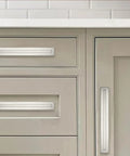 5 Pack 3 Inch Hole Center Brushed Satin Nickel Cabinet Pulls With Backplates And Base Plates installed on cabinets