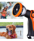 Heavy Duty Metal Garden Hose Nozzle With 10 Adjustable Spray Patterns, Thumb Control On Off Valve spraying dog and family