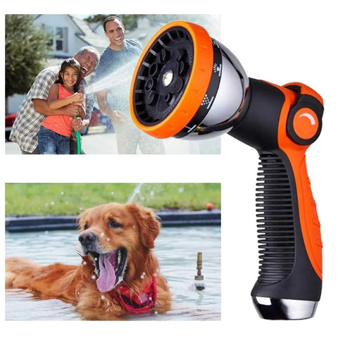 Heavy Duty Metal Garden Hose Nozzle With 10 Adjustable Spray Patterns, Thumb Control On Off Valve spraying dog and family