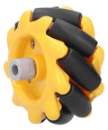 Mecanum wheel for robotics, yellow ABS hub with black rubber rollers and gray shaft adapter, close-up view