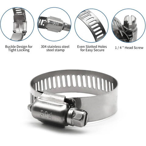 Front view of 25-pack stainless steel hose clamps, 1/4–1/2 in, worm-gear, for pipes and tubing.
