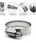 Close-up of 10 Pack Stainless Steel Hose Clamps for One And A Half Inch to Two And A Half Inch Tubing and Pipe Worm Gear.