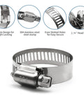25 Pack Heavy Duty Stainless Steel Hose Clamps Set Three Quarter Inch To One And One Eighth Inch Worm Gear Metal Clamps For Pipe Dryer Repair Tubing Fuel Line And All Purpose Automotive Home And Workshop Use showing close-up of 304 stainless steel clamp with features highlighted.
