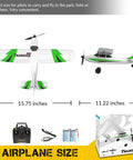 Beginner Friendly RC Plane Trainer 3CH Remote Control Airplane With Prop Saver 6 Axis Gyro Stabilizer And 3 Flight Modes For Easy Aerial Fun 400mm Green RTF Hobby Aircraft with dimensions, controller, and box.