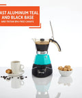 Hassle Free Electric Espresso Maker Compact Coffee Brewer For Daily Grind Two Or Three Cup Capacity featuring stylish teal cast aluminum body.