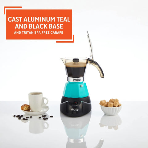 Hassle Free Electric Espresso Maker Compact Coffee Brewer For Daily Grind Two Or Three Cup Capacity featuring stylish teal cast aluminum body.