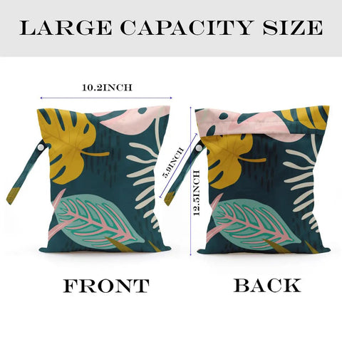 Front and back view of Waterproof Wet Bag For Travel And Beach Days, size 12.6x10.2 inches, palm leaf tropical print with handle.