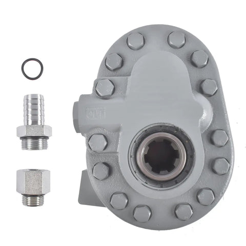 Top view of 7.4 GPM Hydraulic PTO Pump 540 RPM 2500 PSI with 6 Teeth SAE 16 Inlet and SAE 12 Outlet, bolts and fittings visible