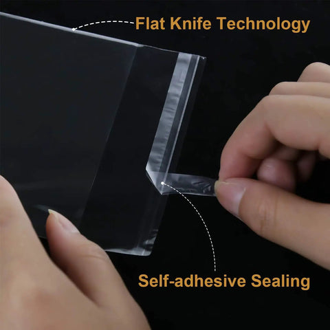 Clear resealable 5x7 inch cellophane bags 300 pack focus on sealing mechanism with flat knife technology and self-adhesive feature.